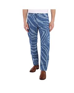 Roberto Cavalli Men's Blue Zebra Print Relaxed Fit Cotton Denim Jeans