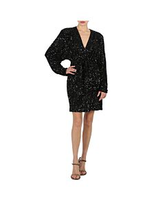 Rotate Ladies Black Sequin Long-Sleeve Wrap Mini Dress