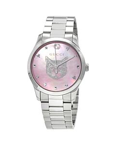 Unisex G-Timeless Iconic Stainless Steel Pink Mother of Pearl (Feline Head) Dial Watch