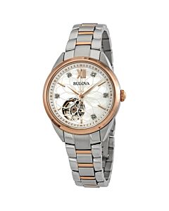 Womens-Classics-Stainless-Steel-Mother-of-Pearl-Skeletal-Window-Dial