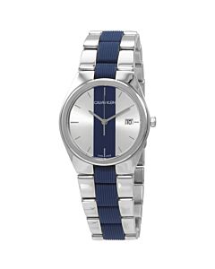 Women's Contrast Stainless Steel with a Blue Silicone Center Silver (Blue Stripe) Dial Watch