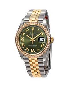 Women's Datejust 36 Stainless Steel and 18kt Yellow Gold Rolex Jubilee Olive green set with diamonds Dial