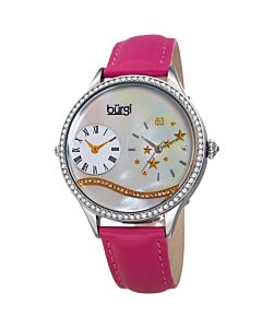 Women's Dual Time Leather Dual Time Mother of Pearl (Wave Set Crystals) Dial Watch