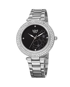 Women's Flower Marker Stainless Steel set with Swarovski Crystals Black (Flower Print) Dial Watch