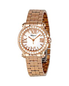 Women's Happy Sport 18kt Rose Gold Silver Mother of Pearl with 5 Floating Diamonds Dial Watch