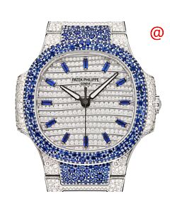 Women's Nautilus 18kt White Gold paved with diamonds and sapphires Diamond Set Dial Watch