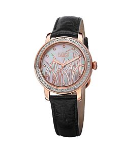 Women's Diamond Black Gen Leather Mother of Pearl Dial Rose-Tone SS