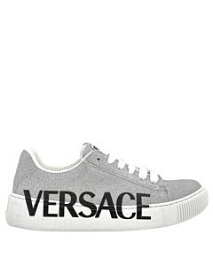 Young Versace Girls Silver/Black Logo Print Low-Top Sneakers, Brand Size 31 (13.5 Little Kids)